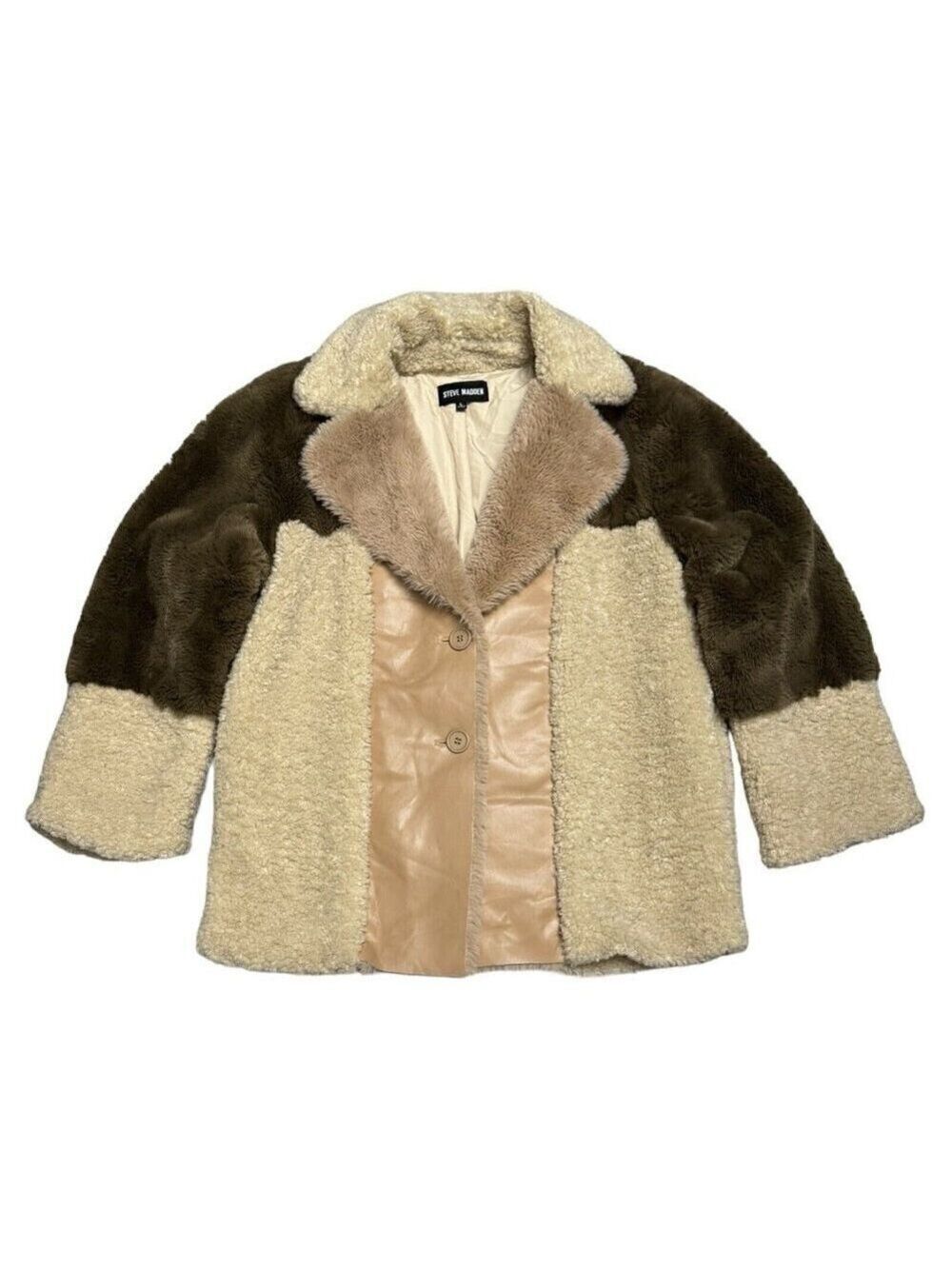 STEVE MADDEN Faux Fur Fleece Comfy Designer Womens Earth Tone Coat Large